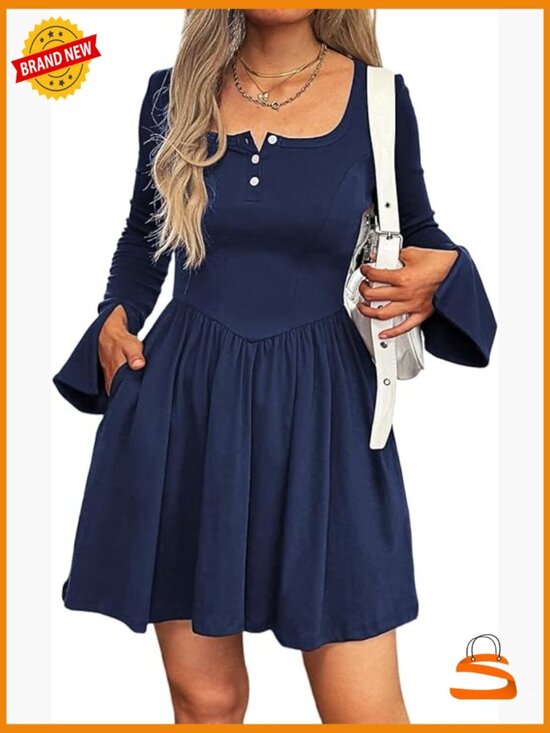 Dresses & Skirts - Women's Long Sleeve Mini Dress Square Neck A-Line Pleated with Pockets
